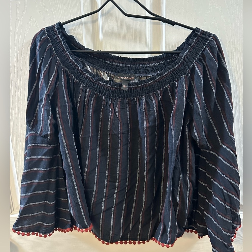 Shyanne Navy Striped Off-Shoulder Blouse with Red Pom-Poms